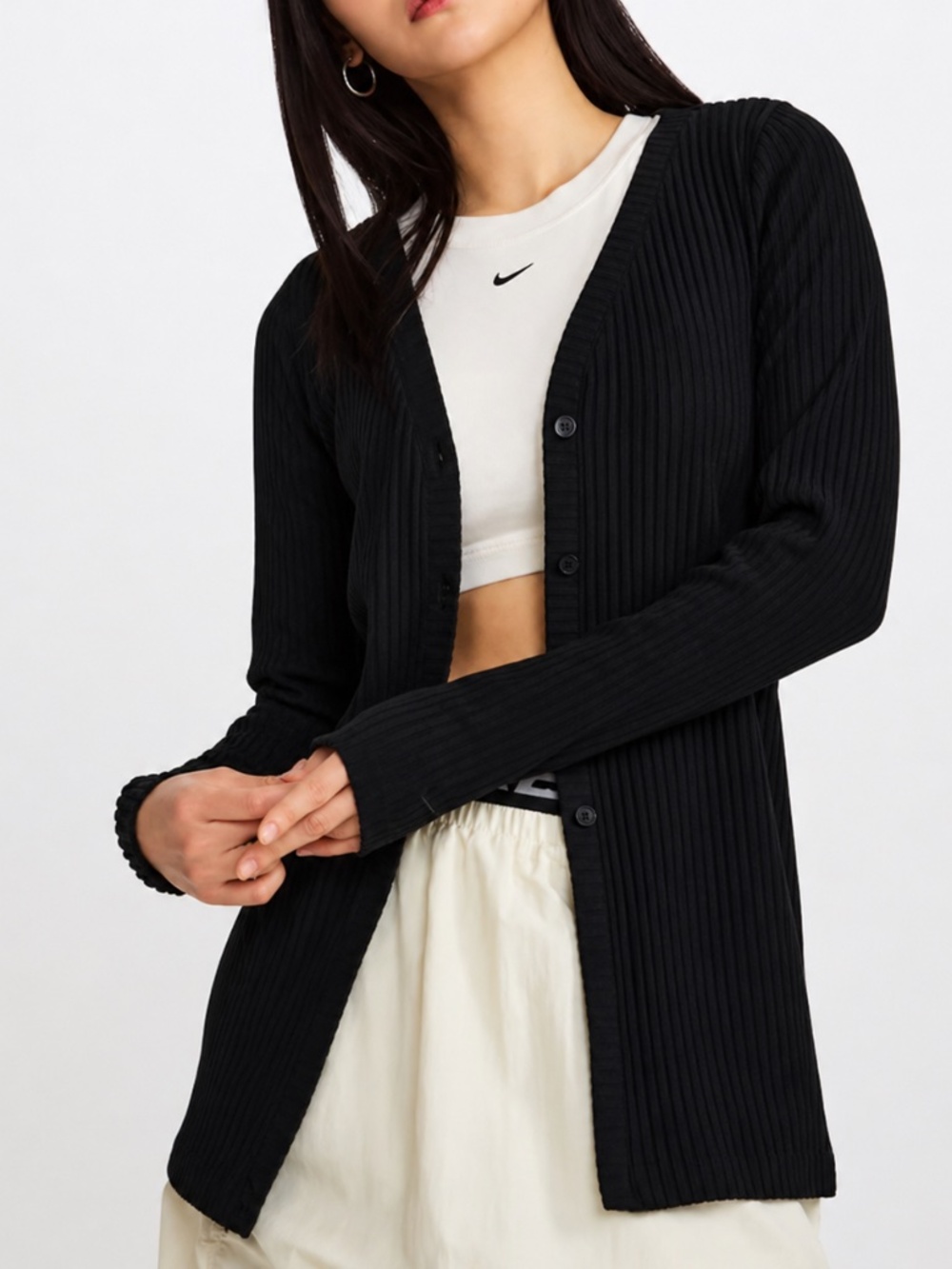 Nike Chill Cardigan Small Black Rib Knit V-Neck Slim Fit HJ1242-010 Lightweight